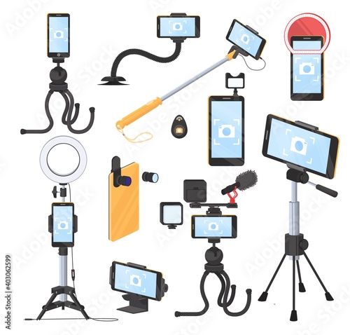 Mobile phone photo and video accessories, flat vector illustration. Smartphone holder, lenses, camera attachments. Selfie stick tripod, monopod. Smartphone photography and video equipment.
