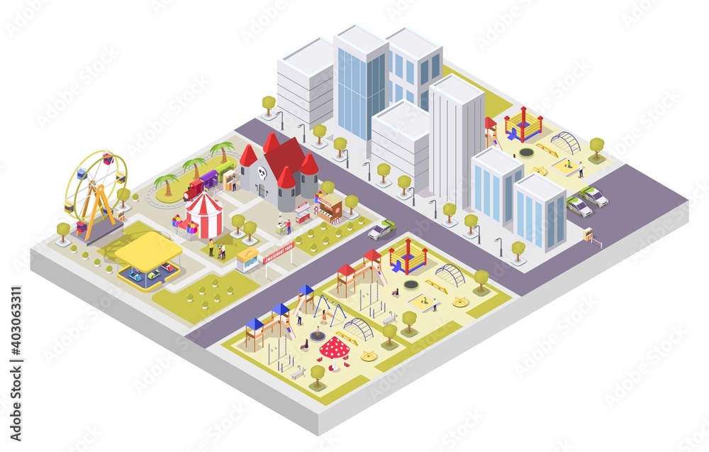 Amusement park and kids playground attractions flat vector isometric illustration. Carousel medieval castle ferris wheel circus tent bumper cars ride area, swing, trampoline, sandbox. Outdoor workout.