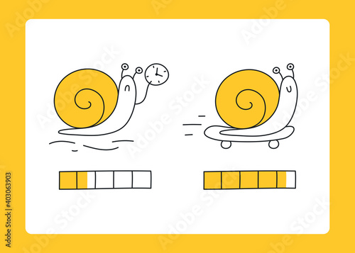 Funny cute progress loading bar, processing chart, slow and fast snail riding a skateboard. Speed of request processing, uploading, sending. Flat thin line yellow vector illustration