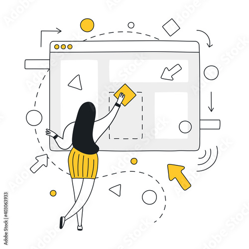 Outline cartoon woman interacting with a browser window, working with UI elements, creation UX structure, or making motion design, the user engagement. Flat line vector illustration on white.