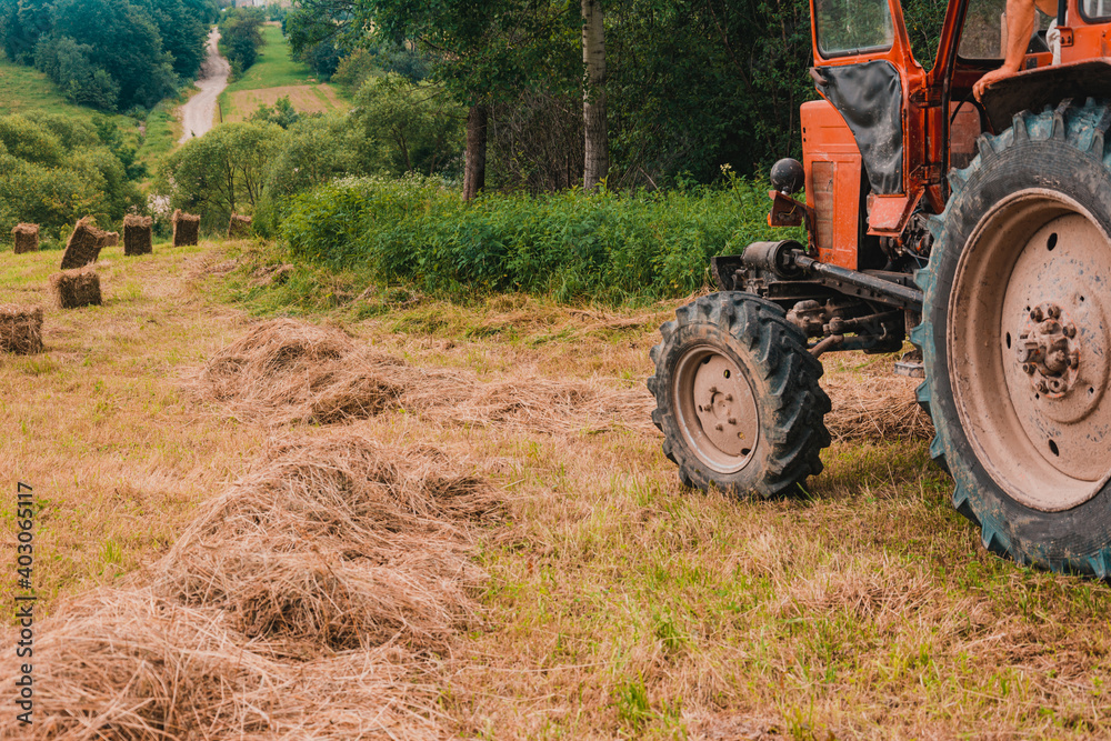 Old red tractor in the field during the haymaking season, pressing hay on bales, forage harvesting. Old red tractor in the field during the haymaking season, pressing hay on bales, forage harvesting.