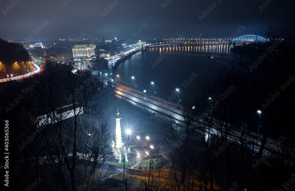 City landscape at night in Kyiv.