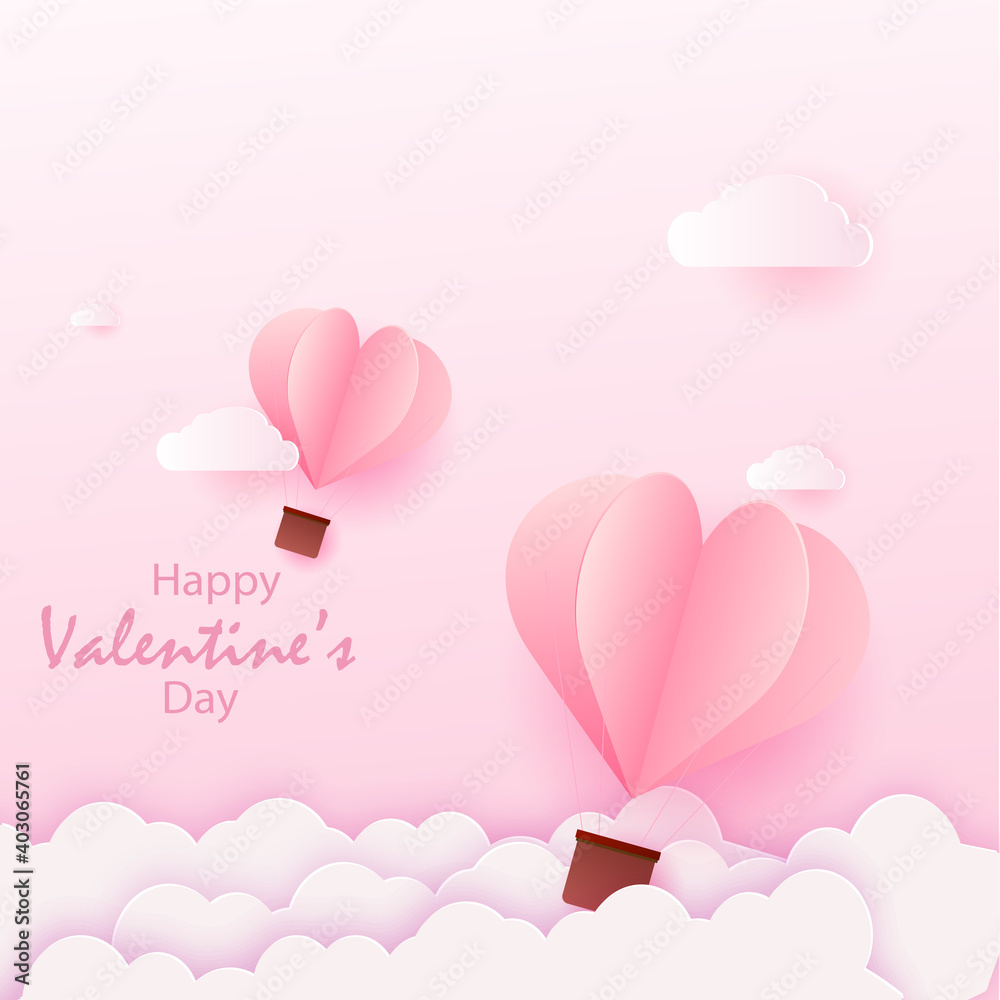 Happy Valentine s card with flying pink heart balloons. Vector illustration