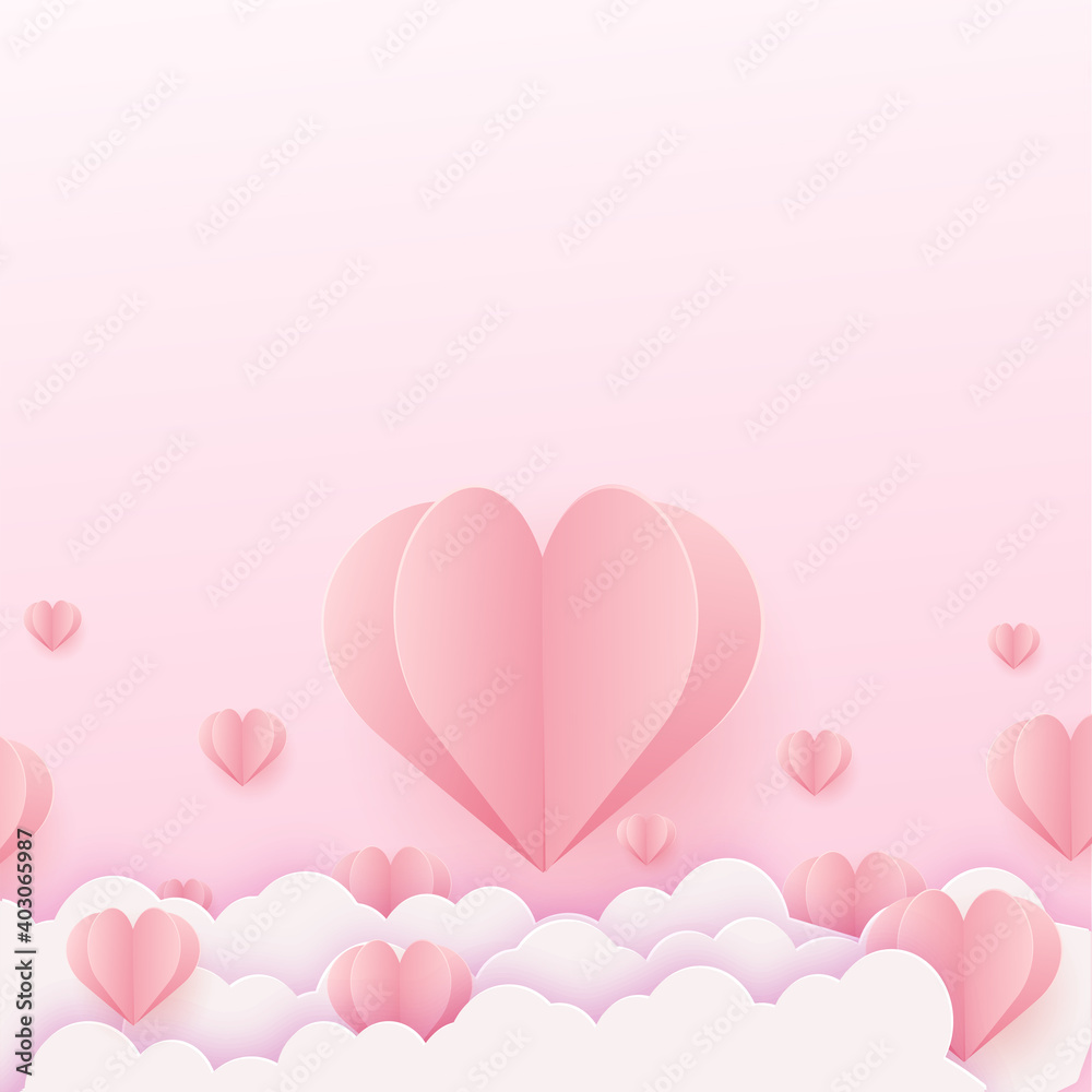 Happy Valentine s card with flying pink paper hearts. Vector illustration