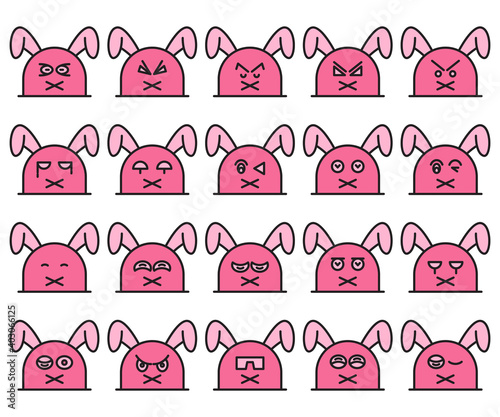 pink rabbit, bunny emoticons set