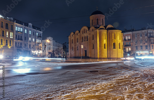 Pyrohoshcha Church in Kyiv at night.