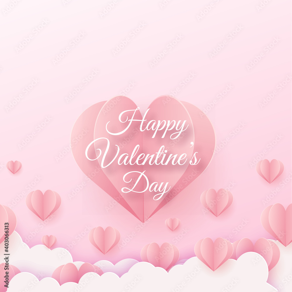 Happy Valentine s card with flying pink paper hearts. Vector illustration.