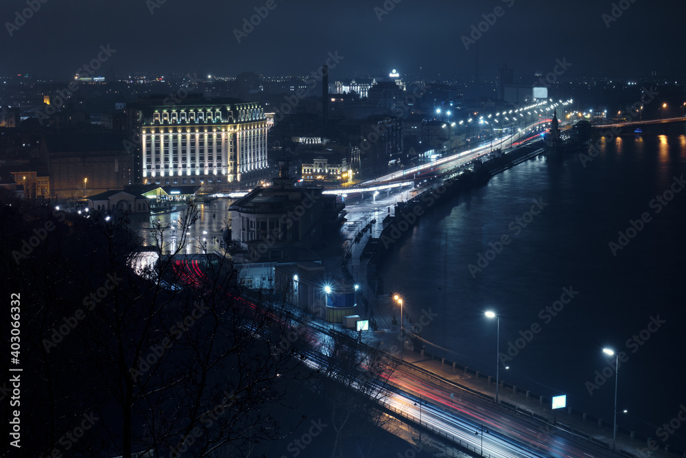 Embankment at night in Kyiv, Ukraine.