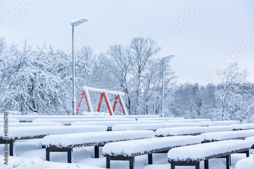Fototapeta Naklejka Na Ścianę i Meble -  snowy winter on the streets of a small town in january 2021