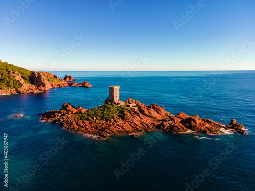 French Riviera, Côte d'Azur, aerial view of the Ile D'or coastline at sunset in the south of France