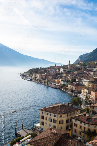 Aerial view of the town of Limone sul Garda, Garda Lake, Italy. Beautiful landscape of a popular Italian touristic destination