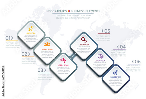 Vector elements for infographics. presentation and chart. steps or processes. 
options number workflow template design,6 steps.