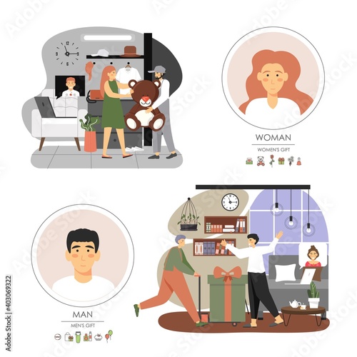 Online gifts for loved ones staying at home in quarantine, flat vector illustration. Online gift delivery service.