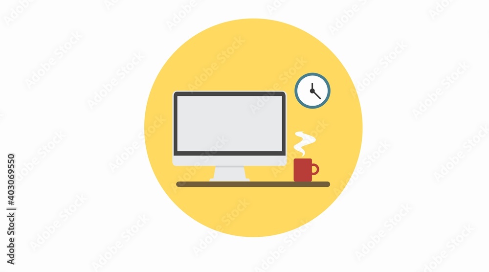 Vector Isolated Illustration of a Workspace, with a Computer, a Cup of Coffee and a Clock. Workspace Flat Icon Vector Isolated Illustration of a Workspace, with a Computer, a Cup of Coffee and a Clock. Workspace Flat Icon