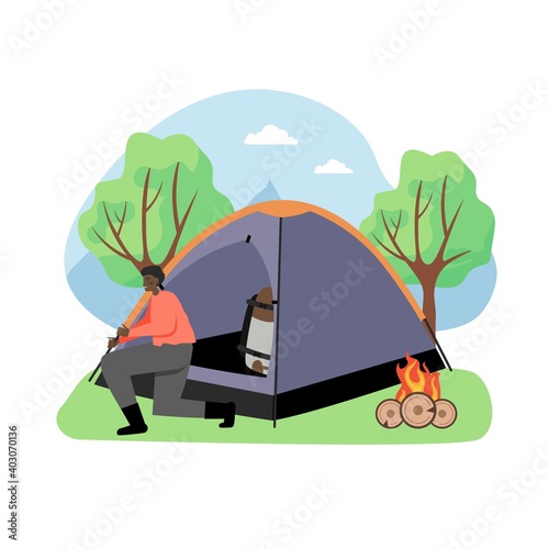 Hiking scene, flat vector illustration. Hiker male character sitting at tent and campfire. Trekking, summer tourism.