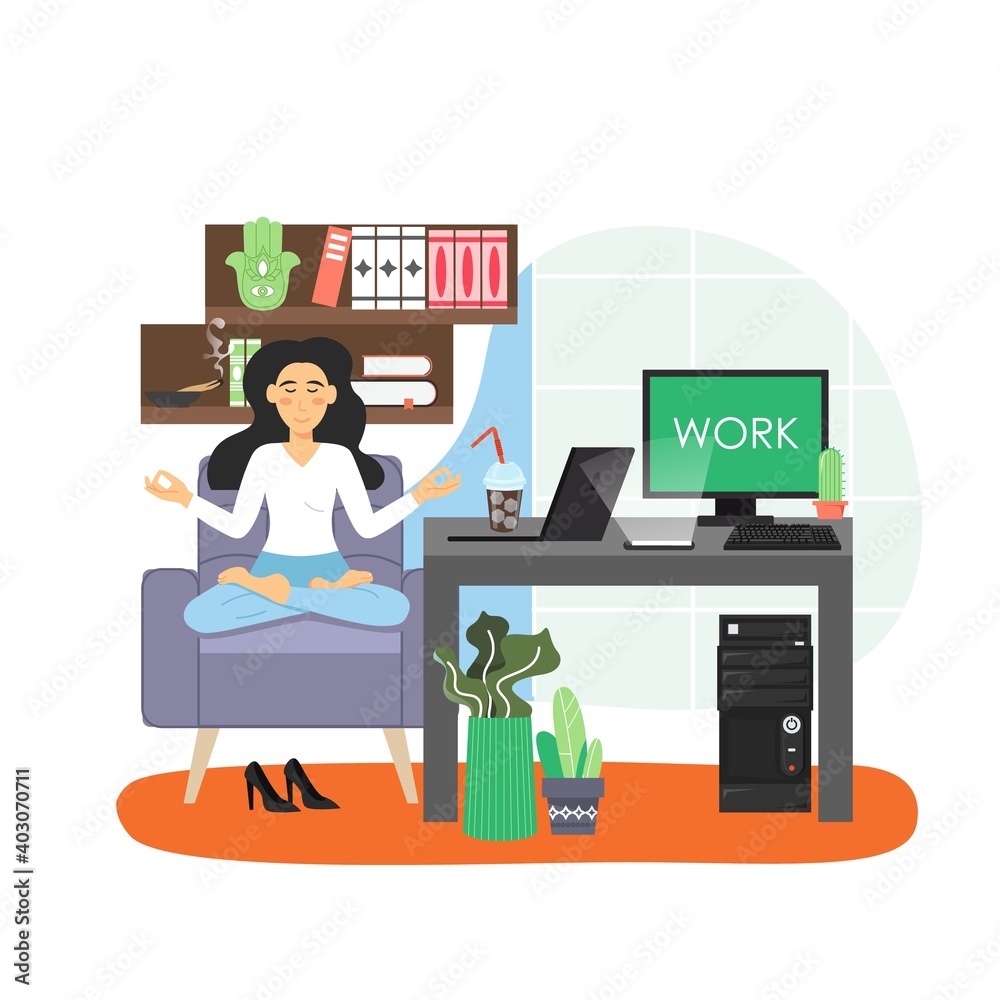 Office workplace. Business woman practicing yoga and meditation, flat vector illustration. Office yoga.