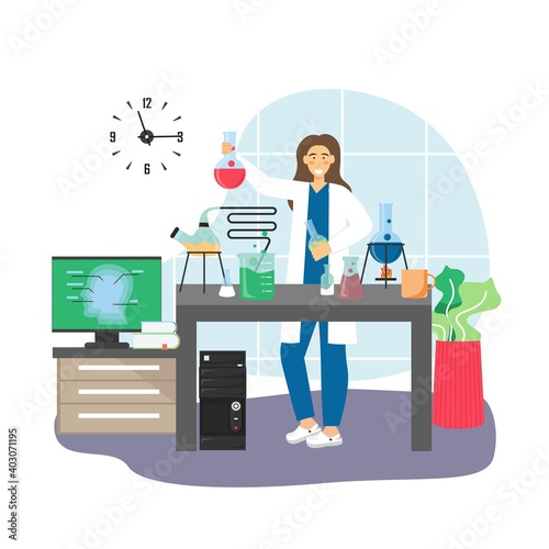 Scientist female character conducting chemistry experiment, flat vector illustration. Science research lab.