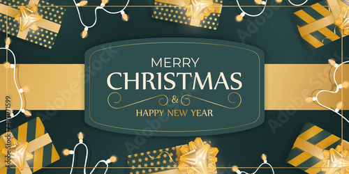 Merry Christmas and Happy New Year banner with green colors. Background with gifts, garlands and light bulbs. Vector illustration.