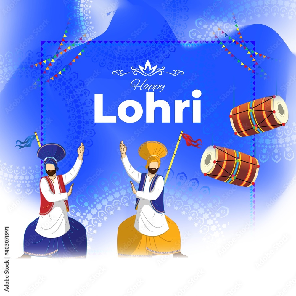 Naklejka premium Vector illustration of Happy Lohri celebration concept banner, people dancing and celebrating with drum, Punjabi festival.