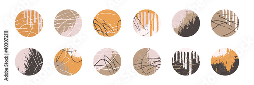 Grunge design set. Abstract circles. Round shape grungy elements collection. Grunge ink splatter. Paint stains. Quirky scribble stickers.