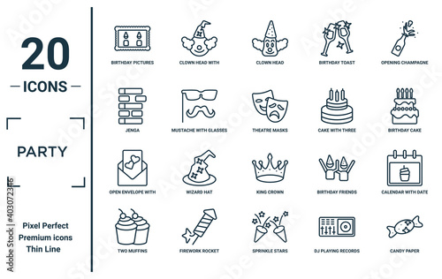 party linear icon set. includes thin line birthday pictures, jenga, open envelope with heart letter, two muffins, candy paper, theatre masks, calendar with date icons for report, presentation,