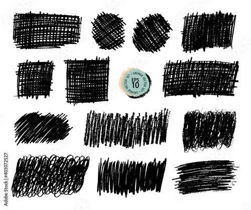 Grunge pencil sketches set. Grunge stains collection. Charcoal pencil hatches. Doodle scribbles set. Grungy textures and strokes.