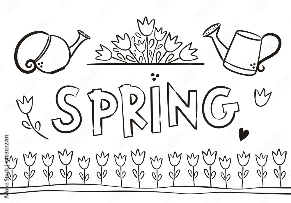 Tulips, watering cans and flower bed. Spring coloring. Elements for seasonal calendar. Hand-drawn doodle objects isolated on white background. Vector illustration