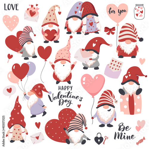 Valentines Day Gnomes with hearts, balloons, and gift boxes. Perfect for sticker kit, scrapbooking,  party invitation, gift tags.