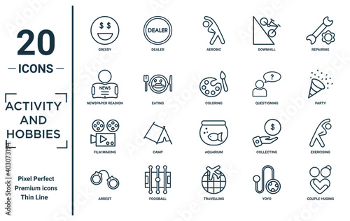 activity.and.hobbies linear icon set. includes thin line greedy, newspaper readign, film making, arrest, couple huging, coloring, exercising icons for report, presentation, diagram, web design