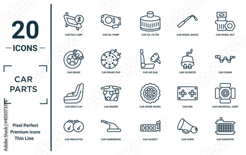 car.parts linear icon set. includes thin line car fog lamp, car brake, car mud flap, indicator, radiator, air bag, universal joint icons for report, presentation, diagram, web design