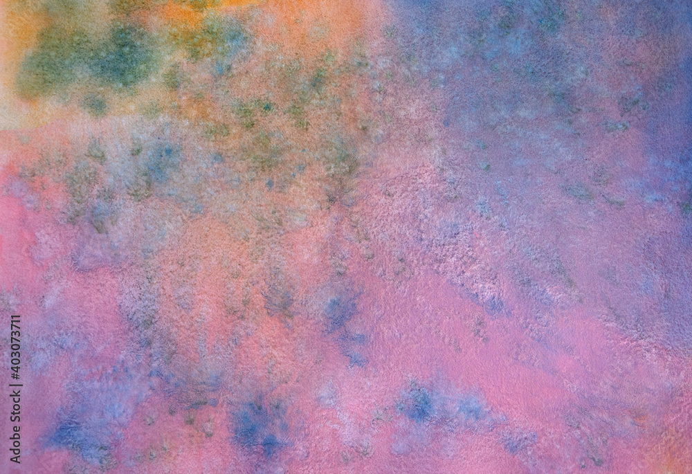 Background of abstract watercolour painting on textured paper, pink, blue and orange.
