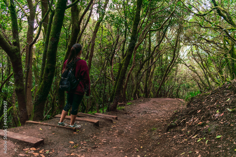 A woman walking through the forest A woman walking through the forest