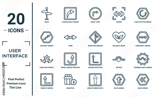 user.interface linear icon set. includes thin line road, squiggly arrow, hand and sprout, turn up arrow, back arrow, deviation arrows, scribble right icons for report, presentation, diagram, web