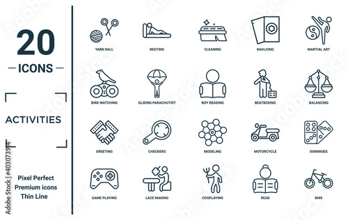 activities linear icon set. includes thin line yarn ball, bird watching, greeting, game playing, bmx, boy reading, dominoes icons for report, presentation, diagram, web design