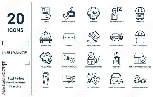 insurance linear icon set. includes thin line license, burning car, shake hands, coffin, glasses insurance, overturned car, small business insurance icons for report, presentation, diagram, web