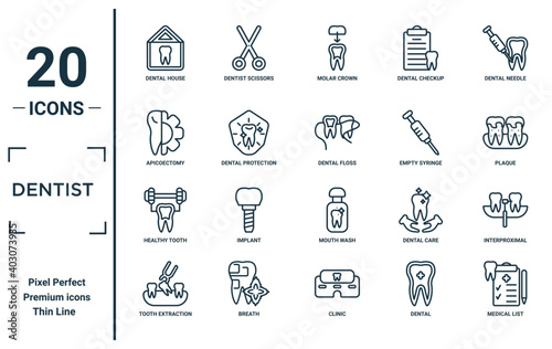 dentist linear icon set. includes thin line dental house, apicoectomy, healthy tooth, tooth extraction, medical list, dental floss, interproximal icons for report, presentation, diagram, web design