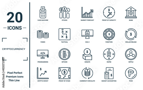 cryptocurrency linear icon set. includes thin line cash machine, funds, programming, crypto invest, peso, sha 2, ripple icons for report, presentation, diagram, web design
