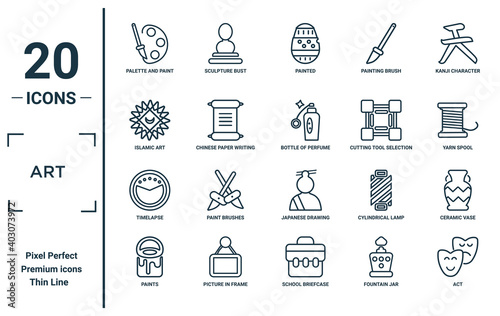 art linear icon set. includes thin line palette and paint brush, islamic art, timelapse, paints, act, bottle of perfume, ceramic vase icons for report, presentation, diagram, web design