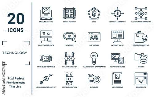 technology linear icon set. includes thin line email marketing, click through rate, uptime and downtime, user-generated content, bounce rate, a/b testing, caching icons for report, presentation,