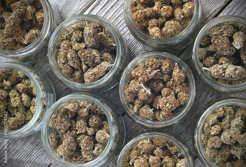 Dry and trimmed cannabis buds stored in a glas jars