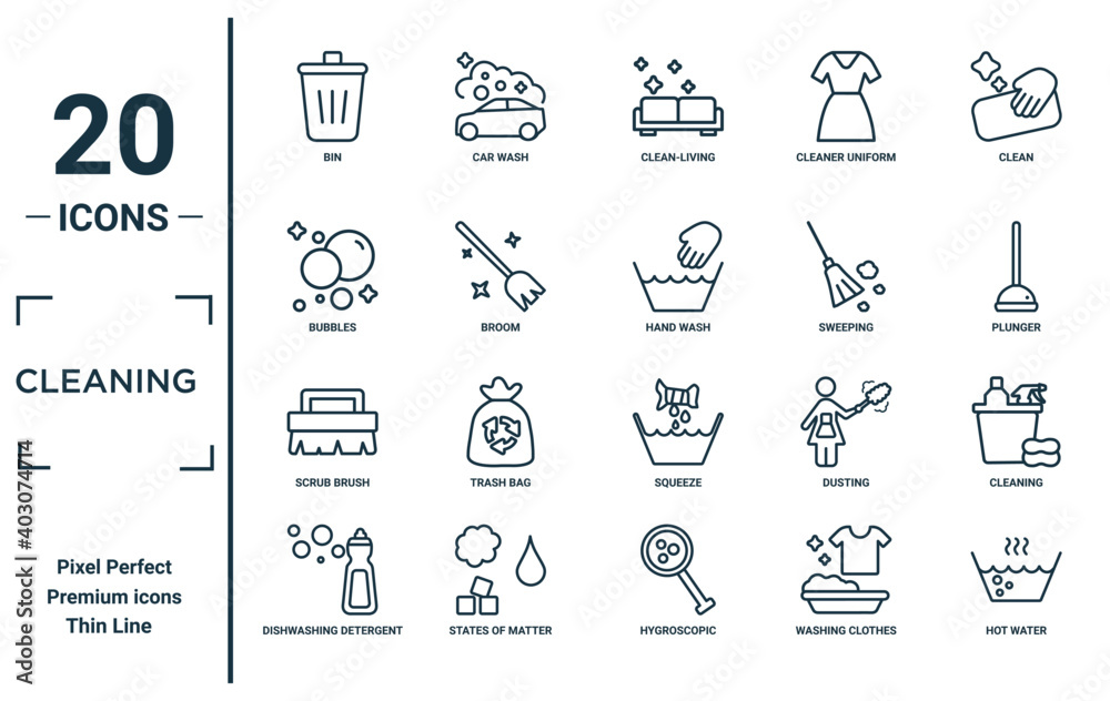 cleaning linear icon set. includes thin line bin, bubbles, scrub brush,  dishwashing detergent, hot water, hand wash, cleaning icons for report,  presentation, diagram, web design Stock Vector