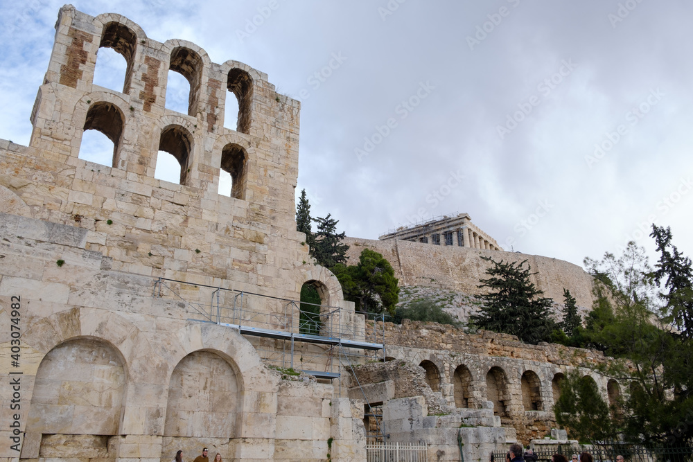 Athens - December 2019: view of Theatre of Dionysus