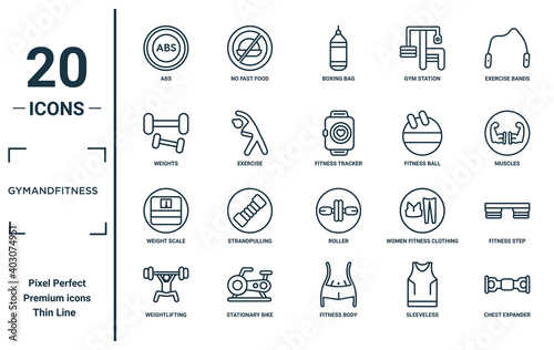 gymandfitness linear icon set. includes thin line abs, weights, weight scale, weightlifting, chest expander, fitness tracker, fitness step icons for report, presentation, diagram, web design