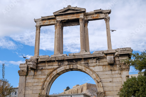 Athens - December 2019: view of Arch of Hadrian