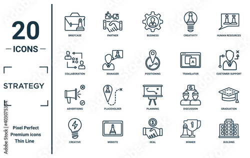 strategy linear icon set. includes thin line briefcase, collaboration, advertising, creative, building, positioning, graduation icons for report, presentation, diagram, web design