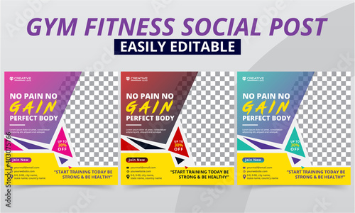 Fitness gym social media post premium vector template design set for Workout studio & club Promo Header & Offer Ads. Modern geometric Sports & Bodybuilding social layouts web banner & square flyer.