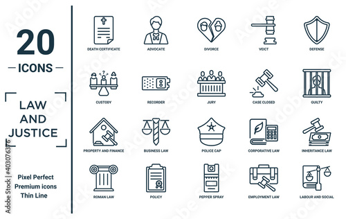 law.and.justice linear icon set. includes thin line death certificate, custody, property and finance, roman law, labour and social law, jury, inheritance law icons for report, presentation, diagram,