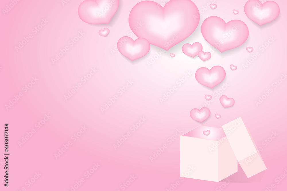 Happy Valentine's Day background. Pink hearts in white gift box with empty place for text. Love flying elements on pink. Vector illustration