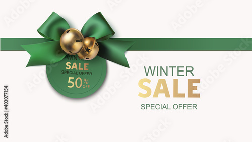 New Year winter and Christmas sale design template. Decorative green bow with golden bell and price tag isolated on white background. Vector stock illustration