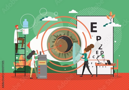 Lasik operation concept vector illustration. Eye surgery with laser equipment. Ophthalmology doctor check eye in hospital. Eye treatment technology